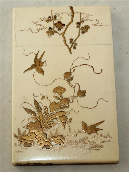 A Japanese ivory and gilt lacquer card case, Meiji period, 11cm, age cracks